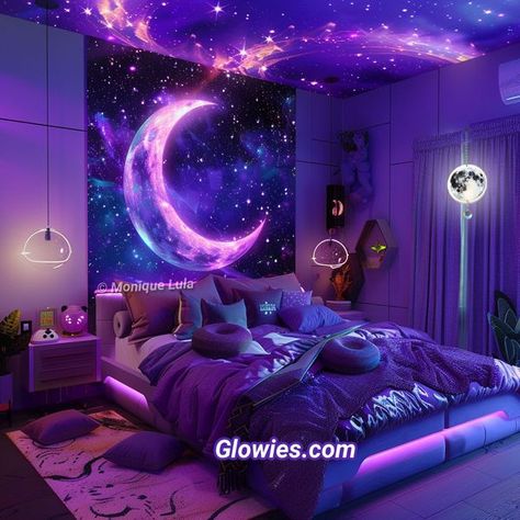 Purple Galaxy Bedroom, Camas Aesthetic, Bedroom Lake House, Green Bedroom Aesthetic, Dark Blue Bedroom, Galaxy Bedroom, Fantasy Galaxy, Bedroom Decor Modern, Classy Bedroom Decor