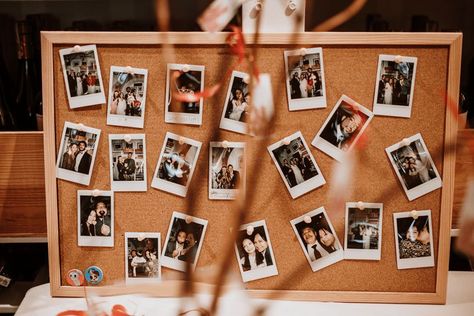 wedding activities, wedding board, photo board, polaroid wedding Polaroids On Cork Board, Cork Board Wedding Ideas, Polaroid Photo Decor, Wedding Cork Board, Polaroid Cork Board, Grad Party Display Table, Cork Board Wedding, Party Display Table, Trio Sleepover