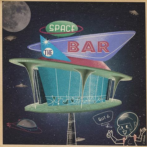 Julian Weber retrocartoons.de on Instagram: “THE SPACE BAR . . #spacebar #spaceage #space #scifi #artwork #Illustration #pun #outerspace #playonwords #julianweber #retro #cartoon” Retro Futurism Illustration, 60s Space Age Aesthetic, Retro Space Illustration, Retro Futuristic Spaceship, Space Age Graphic Design, 2000s Space Aesthetic, Retro Scifi Aesthetic, 60s Space Aesthetic, 50s Space Aesthetic