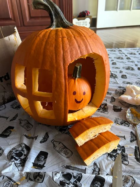 A home in a pumpkin for a pumpkin🧡 #pumpkin #halloween #carving #ideas #halloweencarvingideas #halloweenpumpkin Pumpkin Eating Pumpkin, Halloween Carving Ideas, Carvings Designs, Halloween Pumpkins Carvings Designs, Halloween Carving, Pumpkin Carving Designs, Pumpkin House, Carved Pumpkins, Halloween Pumpkin Designs