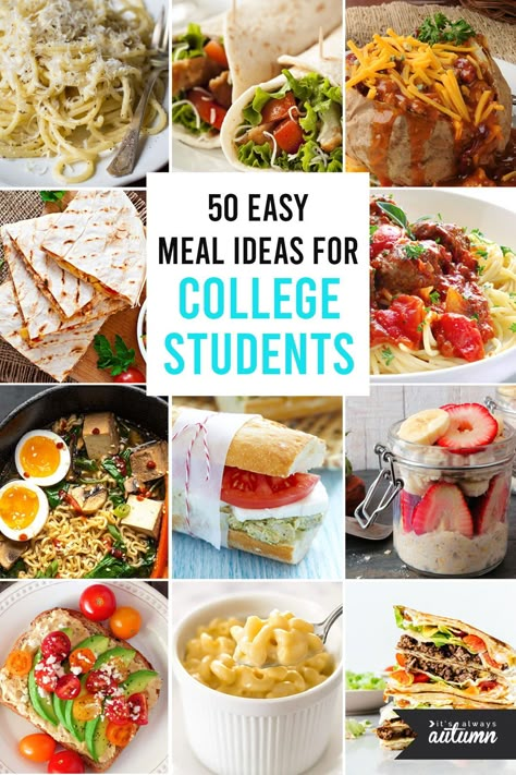 50 easy college meal ideas for students. These are simple meal ideas that don’t take lots of time or ingredients, but still taste great! Easy breakfast, lunch and dinner recipes for college students. Easy At Home Meals Simple, Packed Lunch Ideas For College Students, Easy Meals For Two Lunch, Quick Small Meals, University Cooking Easy Recipes, Easy Meals For Broke College Students, Meal Plan For College Students Healthy, Meals For Two Lunch, Weekly Meal Plan College Student