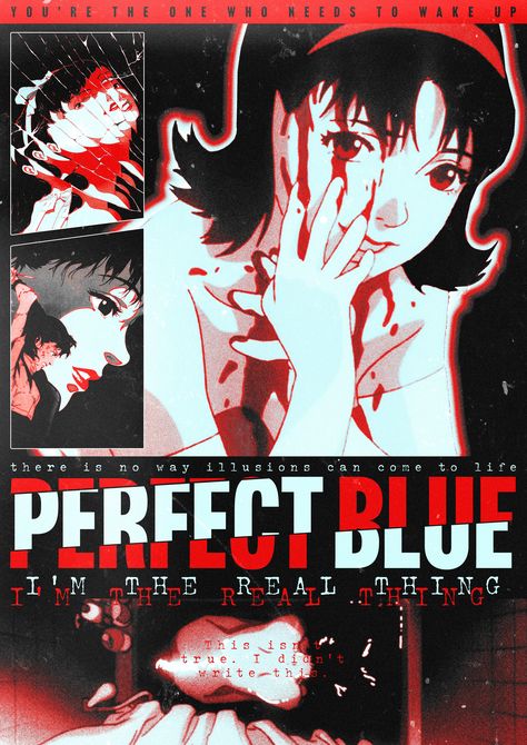 Perfect Blue Movie poster - this is part of my manga / anime series. You can find more on IG @victoriangel.work #anime #graphicdesign #manga #movieposters #perfectblue Perfect Blue Anime Poster, Perfect Blue Movie Poster, Graphic Poster Art Anime, Blue Anime Poster, Poster Room Decor Ideas, Anime Posters Aesthetic, Perfect Blue Wallpaper, Perfect Blue Aesthetic, Perfect Blue Poster