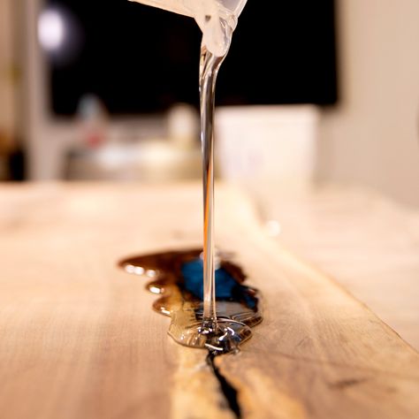 How To Fix Wood Holes & Cracks With Epoxy Resin In 4 Steps: Industrial Clear How To Fill Holes In Wood With Epoxy, Live Edge Epoxy Table Diy, Clear Epoxy Resin Projects, Epoxy Table Top Diy, Epoxy Resin Table Ideas, Resin In Wood, Colored Epoxy Resin, Diy Resin Table, Old Wood Floors