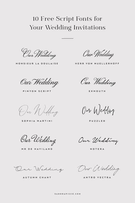 10 Free Script Fonts for Wedding Invitations - sandrapicco.com Wedding Sign Fonts Dafont, Dafont Wedding Fonts, Cursive Wedding Fonts, Popular Wedding Fonts, Wedding Envelope Fonts, Wedding Fonts Dafont, Adobe Fonts For Wedding, Free Wedding Fonts Download, Free Canva Wedding Fonts