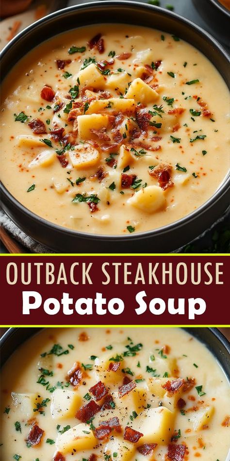 Warm up with this creamy Outback Steakhouse Copycat Potato Soup! 🥔🥣 Loaded with cheddar cheese, crispy bacon, and fluffy potatoes, it’s the ultimate comfort food for fall. Save this for a cozy night in! 🧀🍲 #PotatoSoup #OutbackSteakhouse #FallComfortFood #SoupSeason Outback Potato Soup, Steakhouse Potatoes, Homemade Potato Soup, Best Potato Soup, Potato Bacon Soup, Cheesy Potato Soup, Loaded Potato Soup, Bacon Potato, Bacon Soup