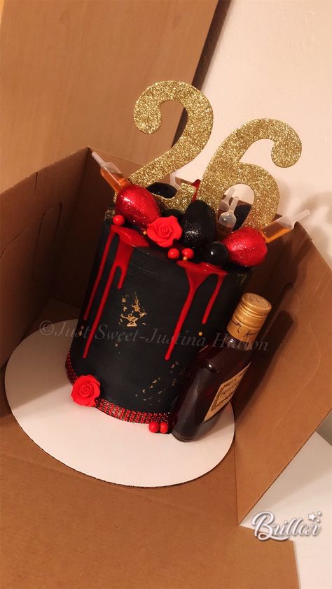 Red And Black Hennessy Cake, Red Black Cake Birthday, Red And Black Mens Birthday Party, Red Black And Gold Cake Birthday For Men, Black And Red Birthday Theme For Men, Red And Black Birthday Theme Man, Red And Black Cakes Birthday, Red Cake Designs Birthday For Men, Black Red Gold Cake