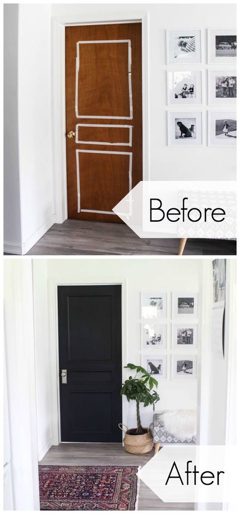 Stunning transformation! Transform outdated doors on a budget! Some trim, paint, and new hardware is all it takes to create a new modern interior door design! Love the navy blue colour on these hallway doors. Hollow Core Door Makeover, Hallway Doors, Interior Door Design, Diy Interior Doors, Modern Interior Door, Door Makeover Diy, Trim Paint, House Flipping, Black Interior Doors