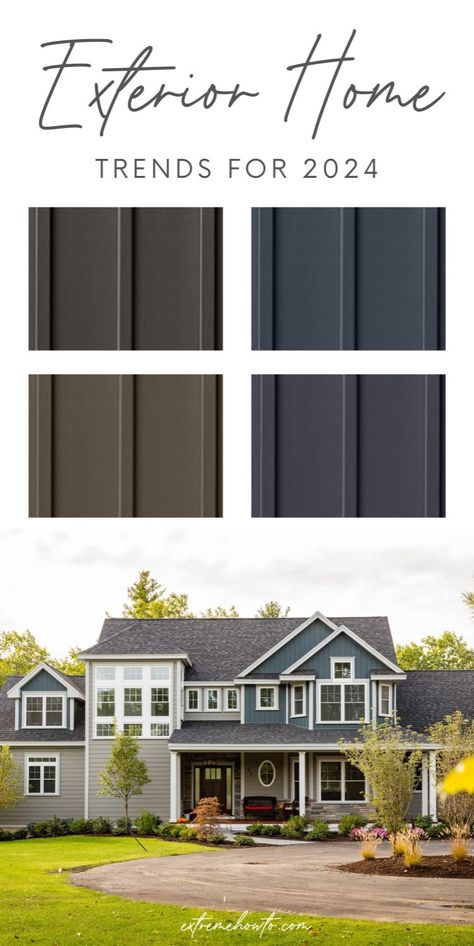 2024 House Exterior Trends include Contrasting light and dark colors, like matte black with brick, stone, shingles or wood, creates dramatic outdoor spaces. Earthy tones, such as navy blue, forest green, dark brown and red, combined with nature-inspired materials offer organic texture and warmth. Other trending colors for 2024 include vivid teal and aqua blue for a sense of serenity. Dark Siding House Exterior Colors, Best House Colors, House Exterior Trends, Design Exterior House, Royal Building, Pvc Siding, Composite Siding, Color Trends 2024, Modern Farmhouse Ideas