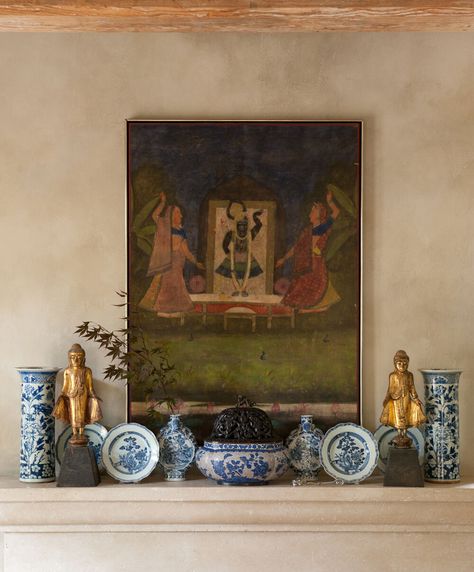 Art Over Fireplace, Decorated Mantels, Amy Neunsinger, Cottage Interiors English, Vase Blue And White, Mantle Art, Mantle Styling, Room Schemes, Bohemian Decorating