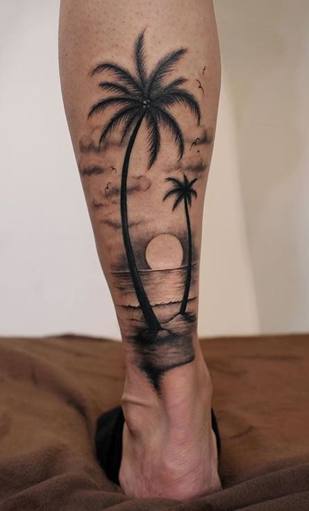 Tree Leg Tattoo, Tree Tattoo Ankle, Palm Tree Tattoo Ankle, Small Beach Tattoos, Tree Tattoo Men, Surf Tattoo, See Tattoo, Tattoo Unique, Tree Tattoos