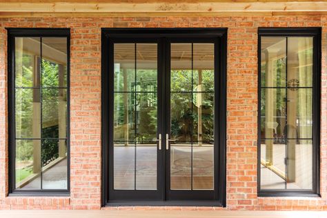 French Door And Window Wall, Black French Back Doors, Narrow Double Doors Entrance, Black Glass French Doors, Patio French Door Ideas, Black French Windows, Black French Doors Exterior Patio, French Doors Exterior Entrance, French Doors Entrance