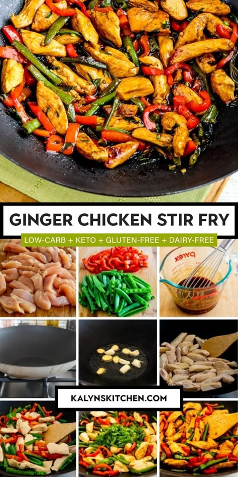 Pinterest image collage for Ginger Chicken Stir Fry showing a wok containing prepared stir fry ready to serve and several smaller photos showing steps in the preparation process. Cabbage Chicken Stir Fry, Chicken And Cabbage Stir Fry, Creamy Chicken And Mushrooms, Ginger Chicken Stir Fry, Stir Fry Low Carb, Low Carb Crock Pot, Chicken And Mushrooms, Island Recipes, Cabbage Stir Fry