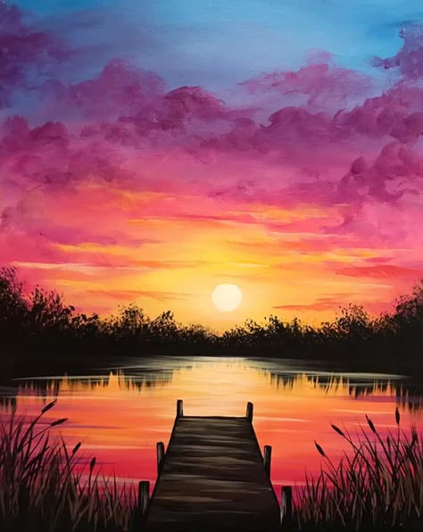 Landscape Ideas Nature, Sunset Over Lake Painting, Things To Paint Landscapes, Easy Acrylic Painting Ideas Sunset, Natural Pictures Drawing, Paint Night Paintings, Cabin Paintings On Canvas, Scenic Painting Ideas, Acrylic Paint Sunset