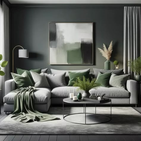 charcoal gray and sage green living room Living Room Gray And Green, Grey Couch Green Living Room, Sage Green Black And White Living Room, Grey Couch Paint Color, Living Room Design Gray Couch, Green Apartment Aesthetic Living Room, Green Grey Black Living Room, Grey And Green Living Room Decor, Green Living Room Grey Couch