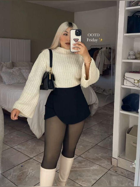 Thigh High Boots And Skirt Outfit, Outfit Ideas With Knee High Boots, Skirts With Tights Outfit, Chicago Fits, Thigh Boots Outfit, Outfit Botas, Clothing Wardrobe, Latina Fashion Outfits, Classy Winter Outfits