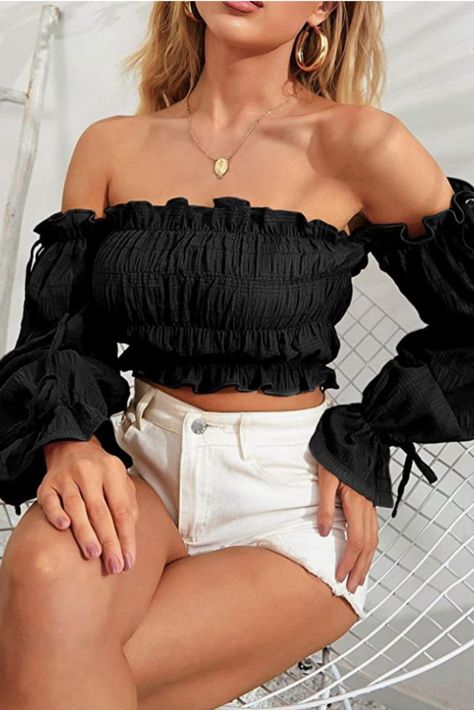 Women's Off Shoulder Ruffle Trim Drawsting Puff Long Sleeve Tube Crop Blouse Shirt Top Puff Long Sleeves, Crop Blouse, Blouse Shirt, Inspired Fashion, Ruffle Trim, Shirt Top, Off Shoulder, Top Shirt, Button Down Shirt