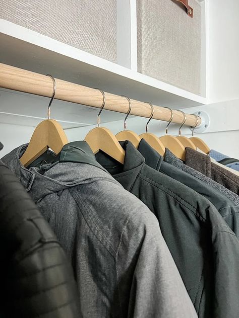 How To Organize Coat Closet, Organizing Hall Closet, Hat And Mitten Storage, Organizing Coat Closet, Small Entryway Closet Organization, Front Entrance Closet Organization, Organize Small Coat Closet, Winter Coat Organization, Organizing Small Coat Closet