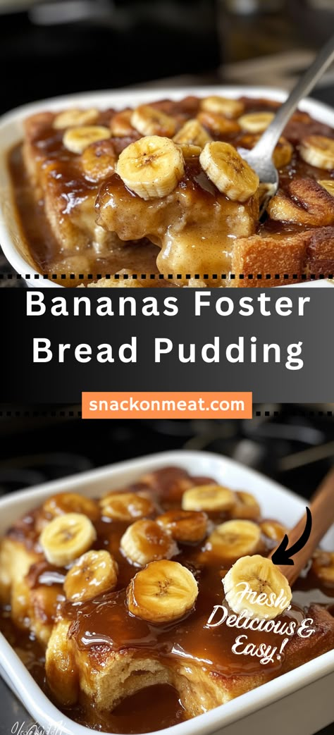 Bananas Foster Bread Pudding - Snack On Meat Banana Cream Pudding Recipes, Bananas Foster Bread Pudding, Bread Pudding Recipe Old Fashion, Recipes For Bread Pudding, Banana Foster Bread Pudding, Bananas Foster Bread Pudding Recipe, Bread Pudding With Croissants, Banana Bread Pudding Recipe, Bananas Foster Bread