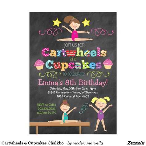 Cartwheels & Cupcakes Chalkboard Gymnastics Party Gymnastics Theme Birthday Party, Gymnastics Theme Birthday, Gymnastics Birthday Party Invitations, Gymnastics Party Invitations, Gymnastics Invitations, Gymnastic Party, Gymnastics Birthday Party, Gymnast Birthday Party, Diy Party Crafts