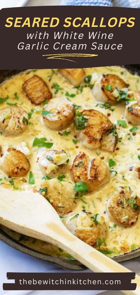 Seared Scallops with White Wine Garlic Cream Sauce may sound fancy, but you can have it ready in less than 15 minutes, from start to finish! Because of the impressive flavor in the cream sauce, your guests will have no idea how easy it was to make this scallop dish. All you need are a few ingredients, a skillet, and a saucepan. Creamy Scallops, Sauce For Scallops, Scallop Recipes Pasta, Shrimp And Scallop Recipes, Easy Scallop Recipes, White Wine Pasta Sauce, Creamy White Wine Sauce, Cream Sauce Pasta, Baked Scallops