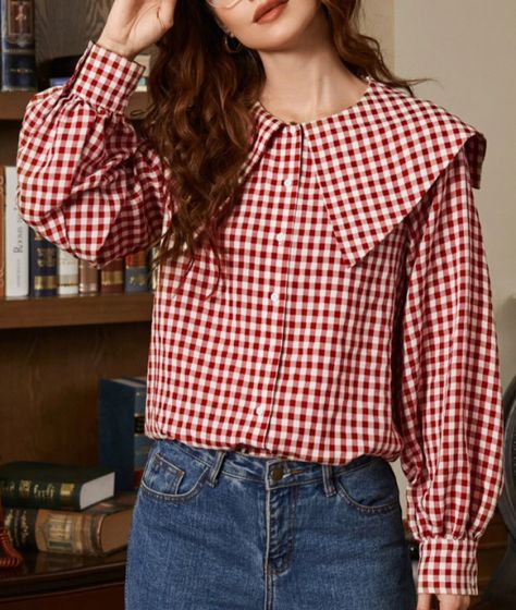 Plaid Top Outfit, Korean Blouse, Sleeves Women, Statement Collar, Trendy Fashion Tops, Sailor Collar, Illustration Fashion Design, Plaid Blouse, Fashion Attire