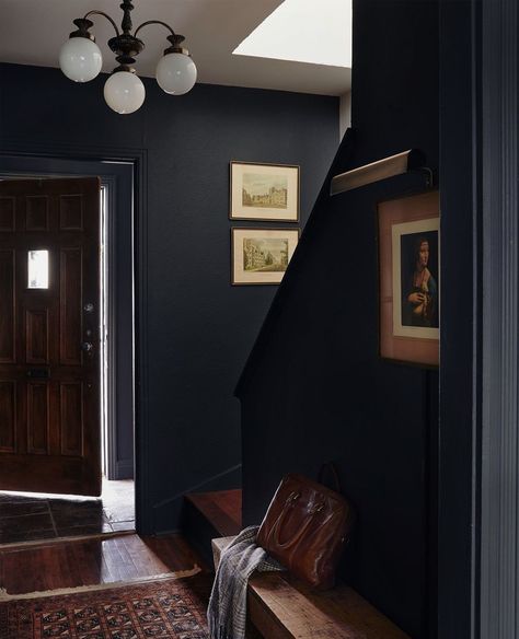 Blanc Marine Intérieurs on Instagram: “Another angle of our moody entry in Lachine. When dark colors bring warmth at first sight. 🖤⁠ ⁠ #betterdaysarecoming #designerlife ⁠…” Moody Entrance, Moody Hallway, Entryway Apartment, Unique Home Designs, Hall Storage, Moody Christmas, Rustic Entry, Front Living Room, Entrance Interior Design