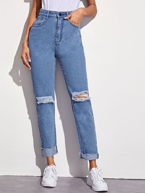 Solid Ripped 5-pocket Carrot Jeans Ripped Jeans Outfits, Carrot Jeans, High Waisted Jeans Outfit, Cute Ripped Jeans, Outfits Con Jeans, Jeans Outfit Women, Trendy Jeans, Trendy Dress Outfits, Spine Tattoo