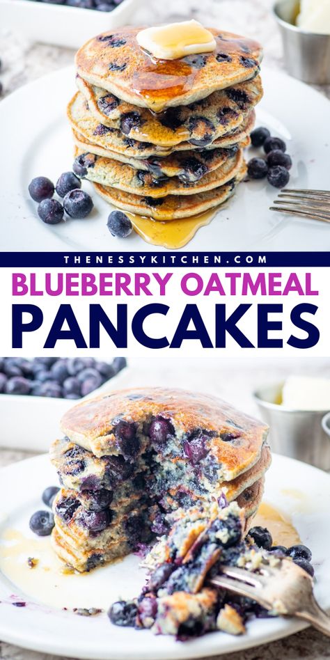 You're less than 30 minutes away from this easy breakfast idea with fruit! It's a summer breakfast recipe for Blueberry Oatmeal Pancakes. Tender and fluffy with juicy blueberries in every bite, these healthy oat pancakes are a great way to start the day! Blueberry Oat Pancakes Healthy, Healthy Blueberry Pancakes Easy, Blueberry Oatmeal Pancakes Healthy, Oat Pancakes Healthy No Banana, Organic Pancakes Recipes, Easy Oatmeal Pancakes Healthy, Infant Friendly Meals, 2b Breakfast Ideas, Oat Flour Pancakes Easy