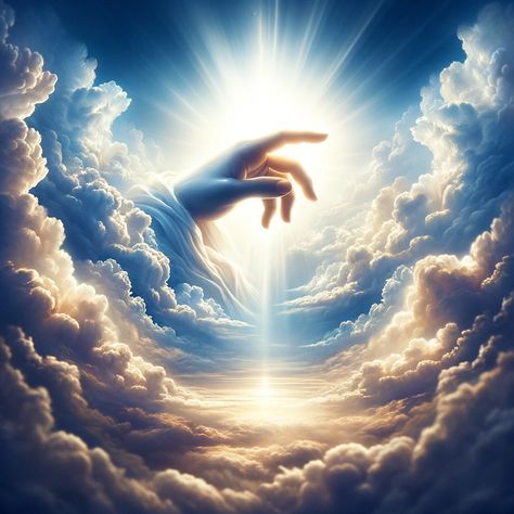 A majestic scene of a luminous, ethereal hand emerging from a gap between soft, billowing clouds under a radiant sky. The hand appears to be pointing downwards towards the Earth, symbolizing divine guidance or intervention. The scene is imbued with a sense of awe and wonder, evoking feelings of spirituality and connection to a higher power. This image is designed to resonate deeply with Bible... Luminous Ethereal, Love In Bible, Ladder To Heaven, Jesus Tattoo Design, Jesus Love Images, Wedding Album Templates, Biblical Artwork, Divina Commedia, Medina Mosque