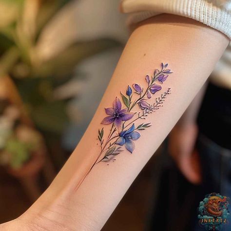 Birth Month Flower Tattoos July, July Birth Flower Tattoo With Butterfly, Birth Flower For March, July Birth Flower Tattoo Color, Birth Flower Tattoos With Color, 3 Flower Tattoo Design, Larkspur And Bee Tattoo, Larkspur And Snowdrop Tattoo, July Tattoo Ideas Birth Flower