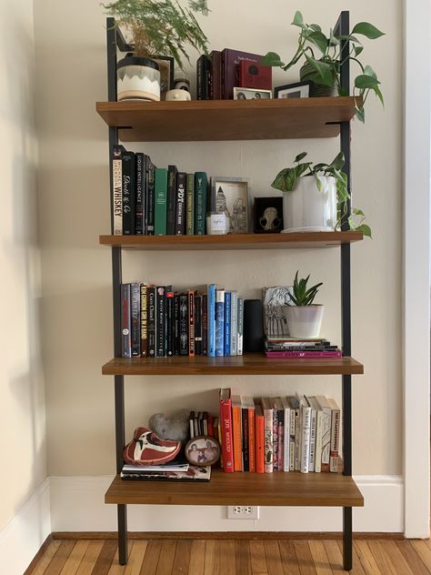 Brown Book Shelf Aesthetic, Shelf Wall Aesthetic, Book Plant Shelf, Shelf With Books And Plants, Bookshelves With Plants And Books, Study Shelf Ideas, Apartment Decorating Bookshelf, Industrial Bookshelf Decor, Bookshelf With Plants And Books