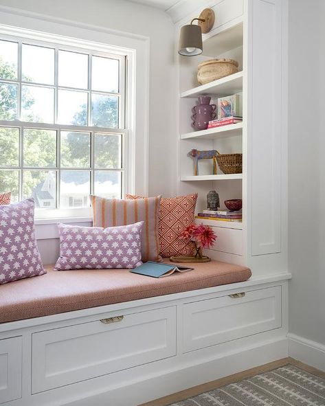 Bench Bookshelf, Window Seat Bedroom, Bookshelf Nook, Modern Window Seat, Window Storage Bench, Window Seat Nook, Block Print Pillows, Window Seat Ideas, Bedroom Window Seat