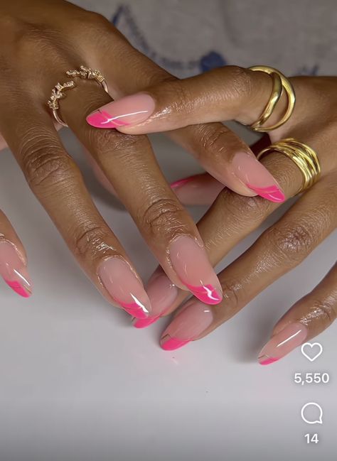 Umbra Nails, Almond French Tips, Neon Pink Heart, Hot Pink Nails, Almond Nails Designs, Hot Nails, French Tips, Nails Designs, Almond Nails