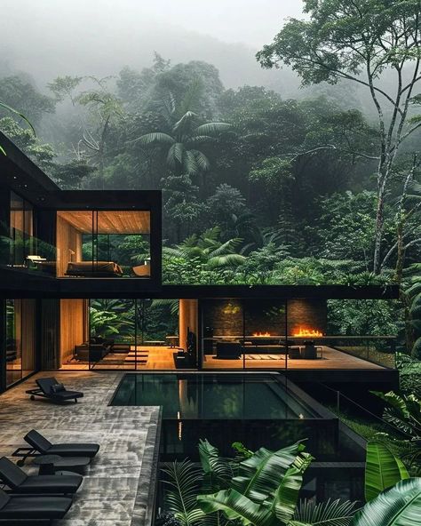 Eco Brutalism, Dark House Aesthetic, Bamboo Villa, Modern Mountain House, Midcentury Architecture, Modern Tropical House, Tropical House Design, Jungle House, Japanese Style House