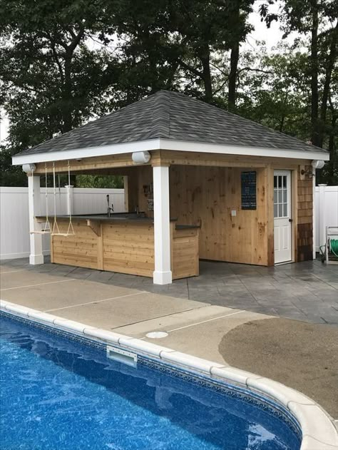 Pool Shed With Bar And Storage, Small Pool Shed Ideas, Outdoor Pool Bar Ideas, Bar With Swings, Spilled Flower Pot Ideas, Pool Bar Ideas, Spilled Flower Pot, Pool Cabana Ideas, Pool House Bar