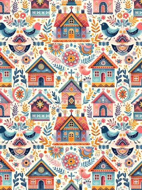 Folk Art Color Palette, Folk Art House, Folk Pattern, Scandinavian Folk Art Patterns, Scandinavian Folk Art Swedish Style, Scandinavian Illustration, Scandinavian Textiles, Contemporary Folk Art, Scandinavian Pattern