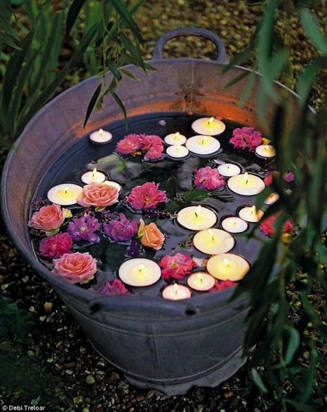 Floating flowers and candles at night in containers. www.ContainerWaterGardens.net Pretty Backyard, Mini Backyard, Spring Backyard, Zen Backyard, Simple Backyard, Spring Dance, Garden Kids, Giant Jenga, Garden Retreat