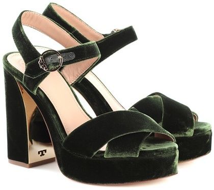 Green Banana, Beautiful Heels, Velvet Heels, Shoes High Heels, Banana Leaf, Tory Burch Shoes, Dark Green, Open Toe, Ankle Strap