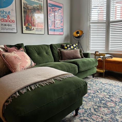 DFS | Can we talk about the cosy vibes of the @Joules Patterdale Velvet Sofa in Forest Green styled by @emeraldterrace? 🌿💚 Who else is feeling… | Instagram Velvet Sectional Living Room, Teal Blue Living Room, Green Couches, Green Velvet Sofa Living Room, Green Sectional, Green Couch Living Room, Blue And Green Living Room, Velvet Sofa Living Room, Blue Walls Living Room