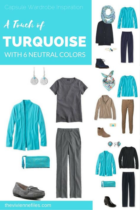 A Touch of Turquoise, with Six Neutrals for your capsule wardrobe. Capsule Wardrobe Color Palette, Wardrobe Color Palette, Turquoise Clothes, The Vivienne Files, Vivienne Files, Capsule Wardrobe Ideas, Color Combinations For Clothes, Wardrobe Color, Minimalist Capsule Wardrobe