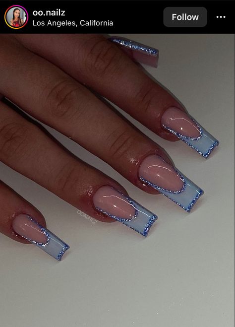 Square Shape Nail Ideas, Simple Cute Blue Nails, Blue French Tip Nails With Glitter, Birthday Nail Ideas Acrylic Medium, Bridesmaid Nails Blue, Rod Wave Nails, Y2k Winter Nails, Blue Nail Designs Almond, Red Cute Nails