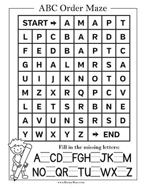 Learning Alphabetical Order can be fun with these free maze and handwriting worksheets.  Children work their way through the alphabet by coloring each square until they reach the end of the maze.  Then children fill in the missing letters of the uppercase alphabet. Alphabet Order Worksheets, Alphabet Mazes Free Printables, Alphabet Worksheets For Grade 1, Abc Worksheets For Kids, Alphabet Puzzles Free Printable, English Alphabet Worksheets, Fun Alphabet Activities, Alphabetical Order Worksheets, Abc Order Worksheet