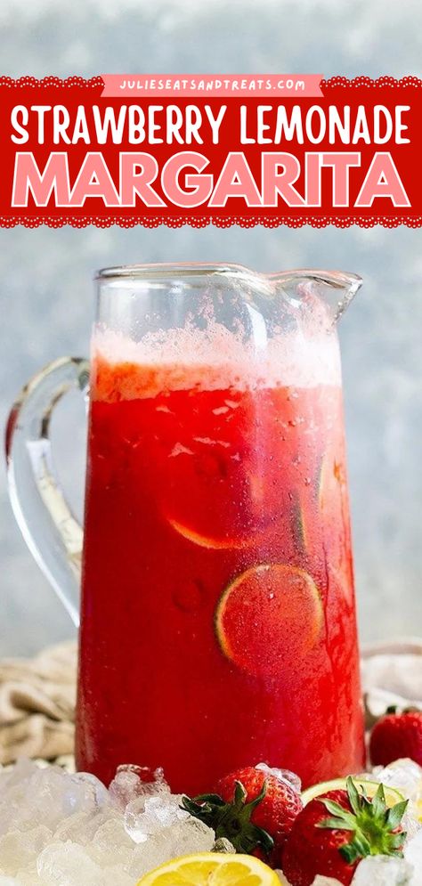 A simple margarita recipe for a crowd! This easy summer cocktail is ready in just minutes. Cool and refreshing, a pitcher of this Strawberry Lemonade Margarita is the perfect alcoholic 4th of July drink! Strawberry Lemonade Margarita, Lemonade Margarita, Watermelon Martini, Frozen Drinks Alcohol, Pitcher Drinks, Purple Drinks, Strawberry Delight, Frozen Lemonade, Liquor Drinks