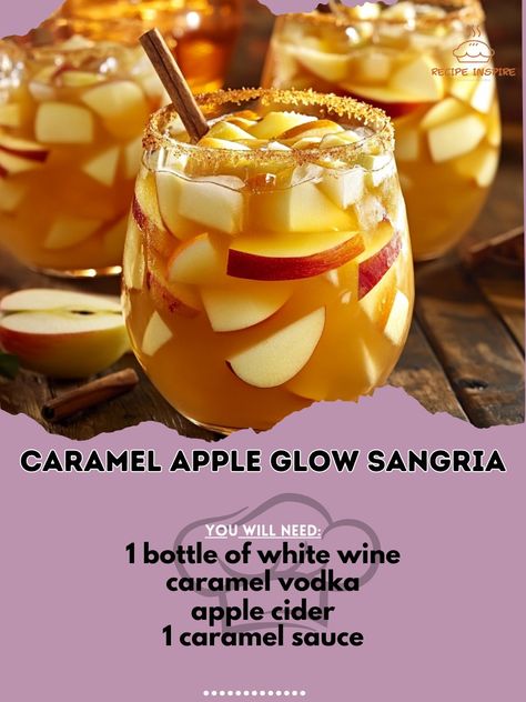 🍎✨ Get ready for a flavor explosion with our Caramel Apple Glow Sangria! Perfect for fall gatherings 🍂🍷 Caramel Apple Glow Sangria Ingredients: - 1 bottle of white wine (750ml) - 1 cup caramel vodka - 2 cups apple cider - 1/4 cup caramel sauce - 2 apples, sliced - 1 orange, sliced - Cinnamon sticks for garnish Instructions: 1. In a large pitcher, combine white wine, caramel vodka, apple cider, and caramel sauce. Stir well. 2. Add sliced apples and oranges to the pitcher and stir gently to ...