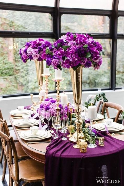 Purple Princess ~ WedLuxe Magazine Elegant Tablescapes, Tall Flower Vase, Purple Wedding Decorations, Purple And Gold Wedding, Purple Princess, Purple Wedding Theme, Gold Wedding Theme, Wedding Purple, Lilac Wedding