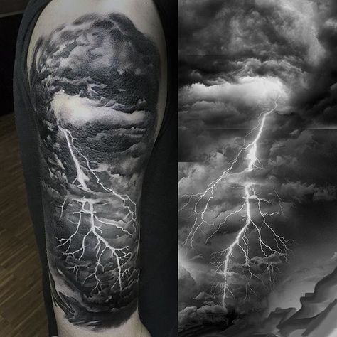 Mens Storm Tattoo, Lightning Half Sleeve Tattoo, Tattoos With Lightning, Sky Filler Tattoo, Angel Of God Tattoo, Clouds And Thunder Tattoo, Stormy Clouds Tattoo, Ocean Storm Tattoo, Stormy Tattoos