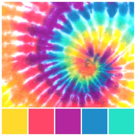 Tie Dye textile. 1960s Psychedelic colour schemes often feature polychromy with multiple contrasting hues. Colour palette illustration by Zena O’Connor, PhD © Design Research Associates. Neon Tie Dye Shirts Diy, Tie Dye Color Palette, Tie Dye Color Schemes, Tie Dye Illustration, Tie Dye Colour Combinations, Best Tie Dye Color Combinations, Tie Dye Color Combinations Ideas, Tye Dye Color Combinations, Tie Dye Color Combos