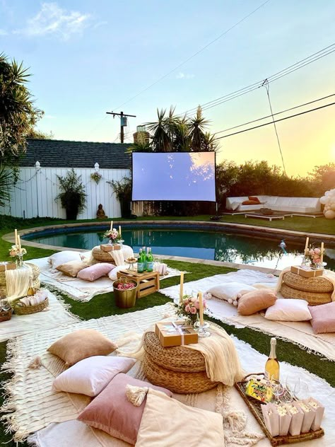 Kara's Party Ideas Backyard Movie Night Party | Kara's Party Ideas Backyard Movie Night Party, Diy Backyard Movie Night, Diy Backyard Movie, Diy Outdoor Movie Screen, Outdoor Movie Party, Backyard Movie Party, Movie Night Birthday, Movie Night Birthday Party, Outdoor Movie Night