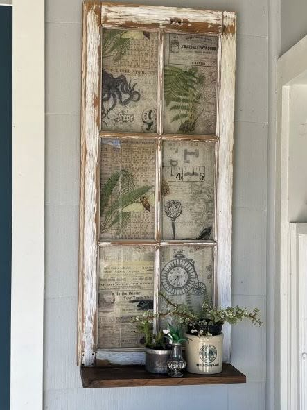 How to Upcycle a Window into Porch Decor – Roycycled Treasures Decoupage Windows Ideas, Old Windows Repurposed Decor, Old Windows Repurposed, Vintage Window Decor, Old Window Crafts, Plant Ledge, Windows Repurposed, Reverse Decoupage, Old Window Panes