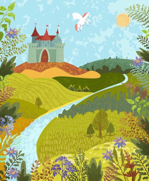 Princess Illustration Fairytale, Castle Illustration Fairytale, Pegasus Illustration, Knight Illustration, Background For Poster, Castle Landscape, Castle Illustration, Princess Illustration, Toy Castle